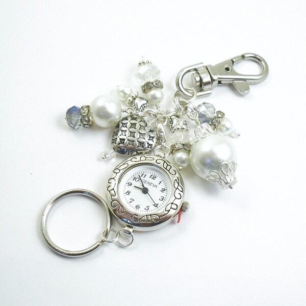 Bold White Pearl, Crystal Glass and Rhinestone Cluster Beaded Key Chain, Purse Embellishment, Zipper Pull with Geneva Watch Face