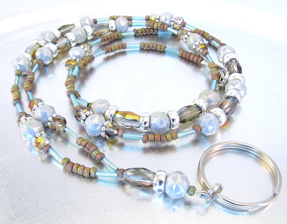 Aurora Borealis Purple and Faceted Gray Beaded ID Badge Holder, ID Lanyard