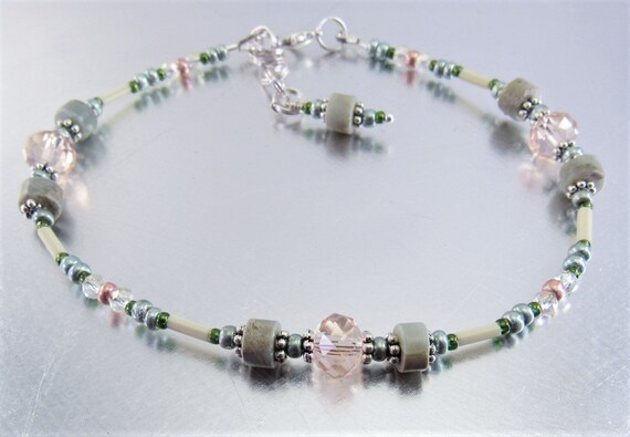 Beaded Ankle Bracelet - Impression Jasper, Antique Rose, Sage and Pink Crystal Glass  Glass Anklet