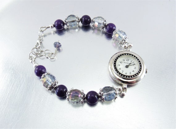 Beaded Bracelet Watch - Purple Quartz and Crystal Glass Bracelet Watch