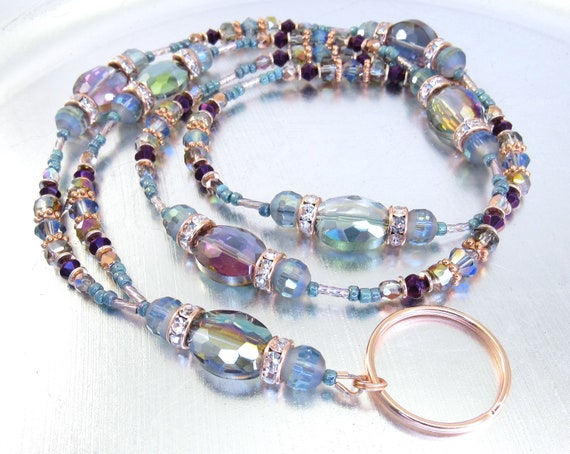 Beaded Lanyard - Rainbow Crystal and Rose Gold Sparkly Crystal Glass ID Badge Holder, ID Lanyard, Glasses Holder