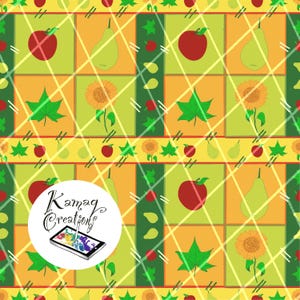 Frutta colorata Mela girasole pera utensili da cucina disegno a mano modello senza cuciture PNG – Scarica carta digitale, design della superficie del tessuto per sublimazione