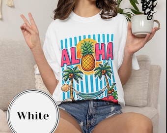 Camiseta con estampado de piñas y playa estilo Aloha / Palmeras / Coco / Hibisco / Camiseta de verano / Vacaciones
