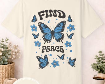 T-shirt papillon de la paix | Graphique de paix floral bleu | Santé mentale | Couleur confort | Vêtements d'été | Vêtements décontractés