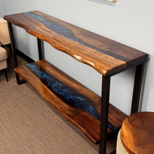 Epoxy Resin Entryway Table With Shelf, Console Table with Shelf, Epoxy Resin Console Table, Narrow Wood Table, Natural Edge Console Table
