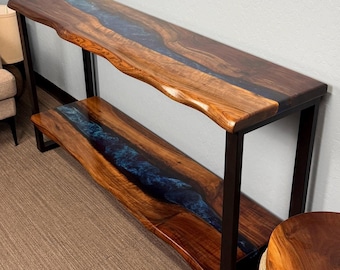 Epoxy Resin Natural Edge Entryway Table with Shelf