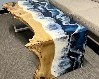 Live Edge Resin Coffee Table – Ocean Wave Wood Accent Table