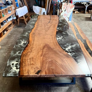 Black River Epoxy Resin Table with benches, Walnut Wood Dining Table, Epoxy Resin Dining Table, Epoxy River Table,  Custom Live Edge Table