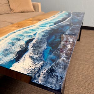 Ocean Wave Epoxy Resin Table, Custom Size Coffee Table, Living Room Table, Handmade Resin Art Table, Kitchen Desk, Beach Theme Furniture