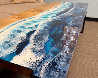 Ocean Wave Epoxy Resin Table, Custom Size Coffee Table, Living Room Table, Handmade Resin Art Table, Kitchen Desk, Beach Theme Furniture
