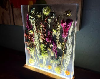 Handgjorda blommor epoxiharts nattlampa, trä skrivbordslampa
