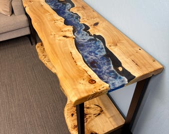 Live Edge Epoxy Resin Entryway Table with Shelf