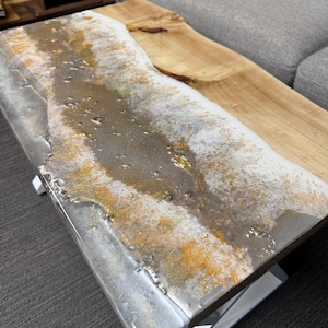 Golden epoxy Art Coffee Table, Ocean Wave Epoxy Resin Table, Glow In The Dark Resin Art, Sofa Side Table, Resin Coffee Table, Living Room