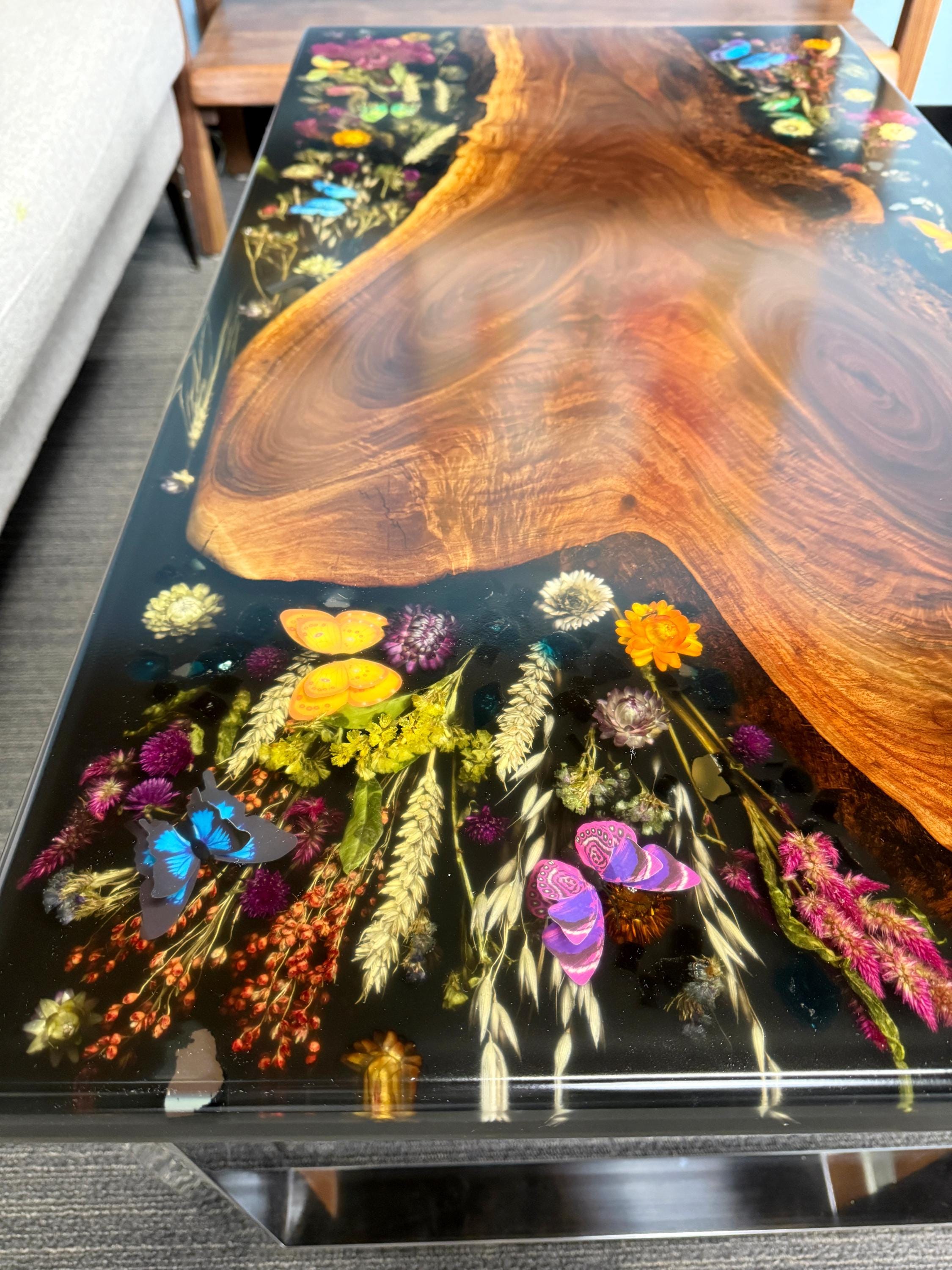 Custom Resin Floral Table, Flower Preservation, Real Pressed Flower Coffee Table, Floral Bouquet preservation, Memorial Flowers, River table