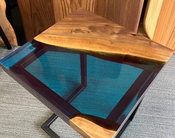 Handmade Walnut C-Table with Blue Epoxy Resin River, Modern Accent Table