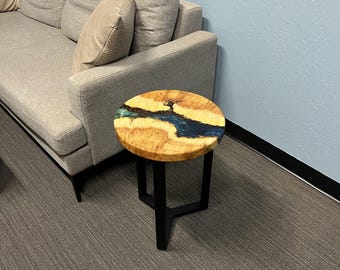 Ocean Resin Epoxy Coffee Table, Rustic Round Bedside Table (D18xH24)