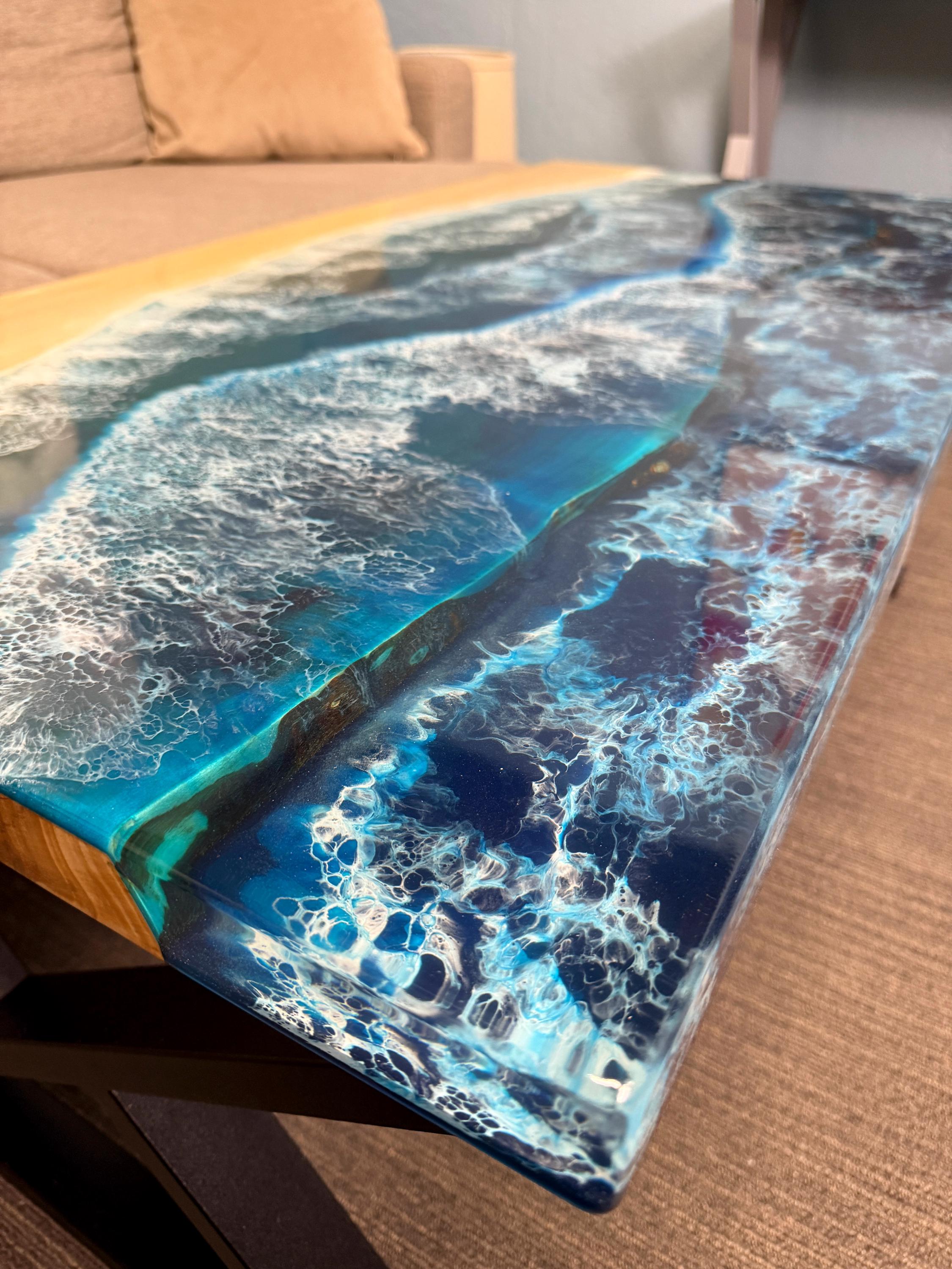 Handmade Fluorescent Ocean Wave Epoxy Resin Table, Custom Wood Art