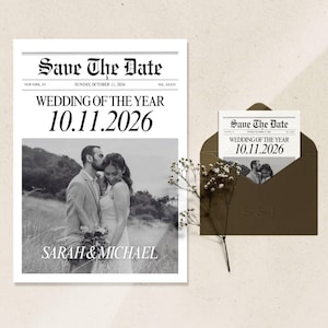 Plantilla de tarjeta de boda de periódico Papelería de boda Anuncio de compromiso Guardar la fecha Tarjeta de periódico imprimible