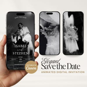 Puede incluir: Tres teléfonos inteligentes que muestran plantillas de invitación de boda digitales en blanco y negro. Las pantallas incluyen texto como Save the Date, Isabel and Stephen, June 18 2027, The best part of our story starts here y un logo IS.