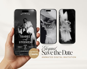 Könnte beinhalten: Drei Smartphones zeigen digitale Hochzeits-Einladungsvorlagen in Schwarz-Weiß. Die Bildschirme enthalten Text wie Save the Date, Isabel and Stephen, June 18 2027, The best part of our story starts here und ein Monogramm-Logo mit den Buchstaben IS.