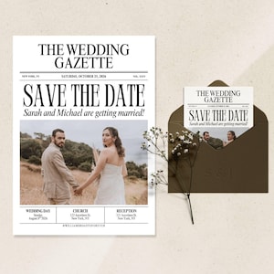 Plantilla de periódico editable para guardar la fecha Periódico de boda para guardar la fecha Tarjeta de periódico para boda para guardar la fecha imprimible para boda