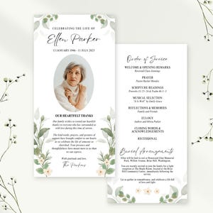 Greenery Double-Sided Funeral Program Template Minimal Funeral Memorial Greenery Order of Service Celebration of Life Program Editable