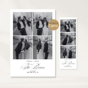 Puede incluir: Collage de fotos de boda en blanco y negro con cuatro imágenes de una pareja. El diseño incluye los nombres "Sarah + John" y "The Browns" con la fecha y el lugar de la boda, "11.12.26 New York City, NY."