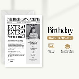 Tarjeta de cumpleaños de periódico, plantilla de periódico, plantilla de periódico de cumpleaños personalizada