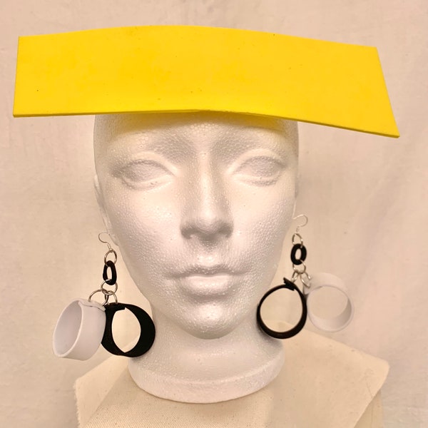 EARRINGS -large  black and white rubber circles -contemporary and light weight. All rubber circles that swing!
