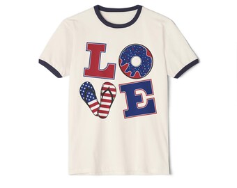Patriotic Love Ringer T-Shirt | Unisex Tee for Fourth of July, Summer Style, Gift for Her, Celebrations, Casual Wear