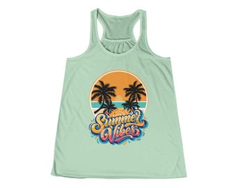 Women&#39;s Flowy Racerback Tank - Summer Vibes Tropical Tee, Beach Apparel, Vacation Outfit, Pool Party Top, Gift for Her