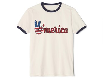 Peaceful Americana Unisex Cotton Ringer T-Shirt | Vintage Style Tee for 4th of July, Casual Outfits, Summer Wear, Gift Idea