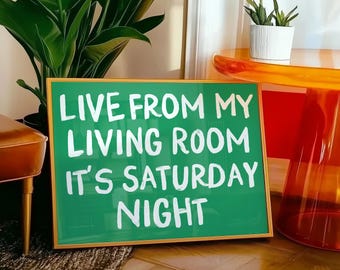 Live From My Living Room | Funny Apartment poster | digital download | modern home decor | funky retro poster | horizontal print | homebody