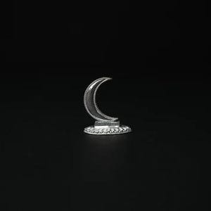 May include: A silver crescent moon sculpture with a textured surface and a decorative base. The moon is set against a black background, creating a striking contrast. The sculpture is likely a decorative item.