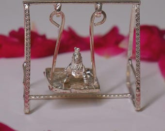 Pure Silver Jhula Set With Krishna Idol, Laddu Gopal Swing, Spiritual Decor