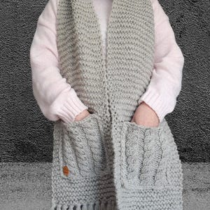 Handmade Extra Long Scarf with Pockets & Fringe – Wide Chunky Knit Wrap, Cozy Winter Shawl, Gift for Her