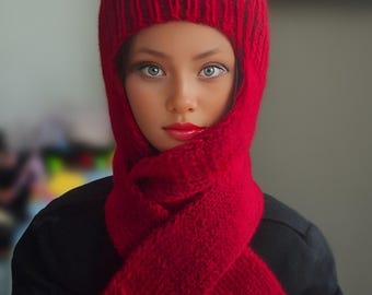 Handmade Red Chunky Knit Wool Balaclava, Winter Hood Scarf