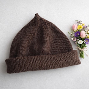 May include: A brown knit beanie with a folded brim. The hat is made of a textured yarn and has a pointed top. A small bouquet of pink, yellow, and purple flowers with a tied bow is next to the hat.