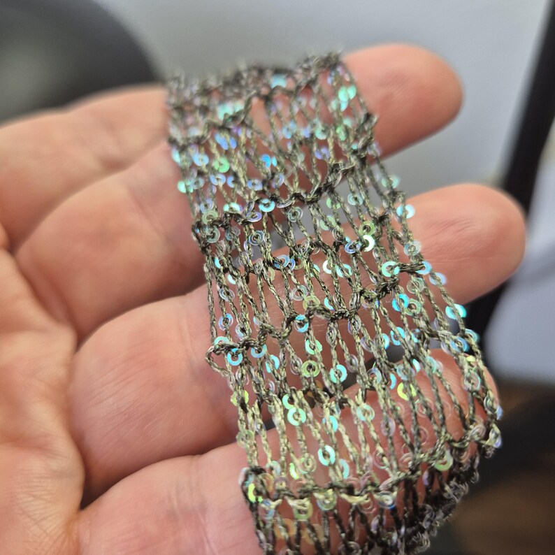 May include: Close-up of a section of decorative trim. The trim is a net-like design with iridescent sequins. The base color of the trim is a dark gray, and the sequins reflect a rainbow of colors. The trim is held in a hand.