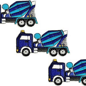 May include: Three blue and turquoise cement mixer trucks with yellow lights on top. The trucks are cartoon-style and are embroidered.