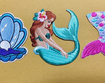 3-Piece Mermaid Embroidered Patches Tail Patches Embroidered Sea Shell Clothing Accessories DIY for Backpacks T-Shirt Jeans Skirt Hat Bag.