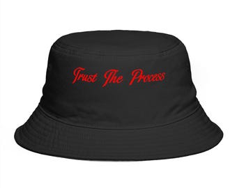 Trust The Process Sixers Bucket Hat, Red Philadelphia Fancy Cursive Font