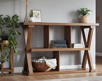 DIY Cross-Leg Entryway Table With Shelves Build Plan (pdf)