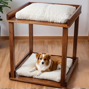 May include: A wooden dog bed with a two-tiered design. The top level holds a fluffy white cushion, and the lower level features a similar cushion with a small dog resting on it. The frame is a rich brown color.
