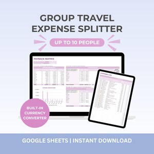 Op de afbeelding: Een digitaal sjabloon voor het splitsen van groepsreiskosten voor Google Sheets, weergegeven op een laptop en tablet. De interface bevat een terugbetalingsmatrix, onkostenoverzicht en een onkostenlogboek voor maximaal 10 personen.