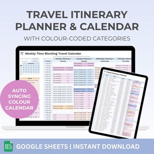 Planificador de itinerarios de viaje y calendario con categorías codificadas por colores / Plantilla de Google Sheets / Descarga digital