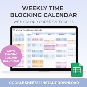 Può includere: Un calendario settimanale digitale per la gestione del tempo visualizzato su uno schermo di un portatile, con categorie codificate a colori per pianificare le attività. L'interfaccia include una vista mensile, obiettivi e un'icona di foglio di calcolo.