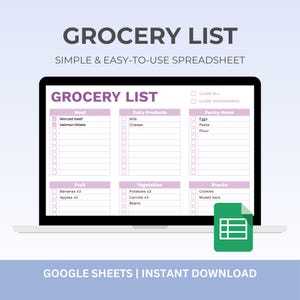 Peut inclure: Une feuille de calcul numérique de liste de courses affichée sur un écran d'ordinateur portable, avec des sections classées pour la viande, les produits laitiers, le garde-manger, les fruits, les légumes et les collations avec des cases à cocher.