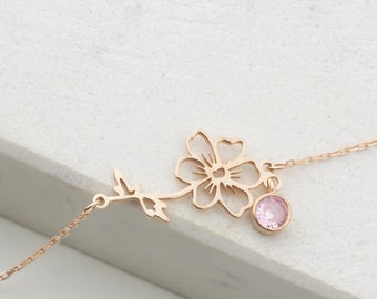 Custom Birth Flower Bracelet – Dainty Gold or Sterling Silver Pendant