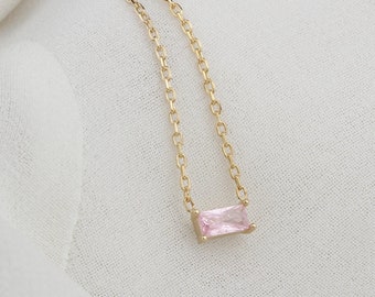 Gold Birthstone Baguette Necklace – Minimalist Pendant Jewelry